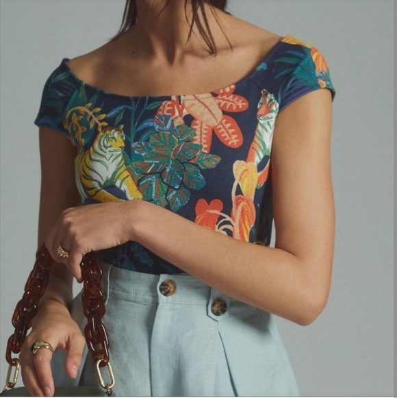Anthropologie Tops - Anthro Maeve Tiger Jungle Print Top Off-Shoulder Knit Jungle Print Size XL